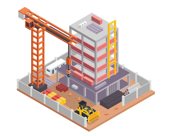 Modern Isometric Construction Site Progress Illustration Suitable Infographic Games Children — Stock Vector