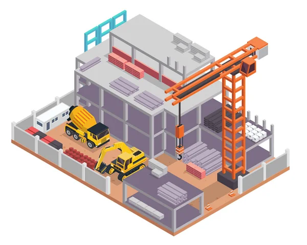 Modern Isometric Construction Site Progress Illustration Suitable Infographic Games Children — Stock Vector