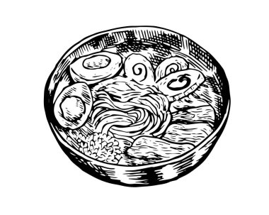İzole ayrıntı Vintage el gıda kroki çizimi - Ramen Noodle çekilmiş.