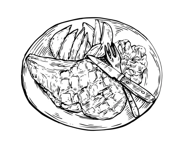 Détail Isolé Vintage Dessiné Main Alimentaire Croquis Illustration Barbecue Steak — Image vectorielle