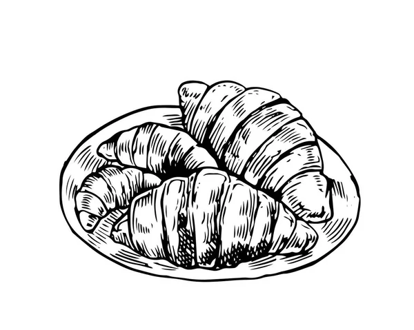 Détail Isolé Vintage Dessiné Main Alimentaire Croquis Illustration Croissants — Image vectorielle
