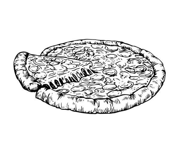 Dettaglio Isolato Vintage Disegnato Mano Cibo Sketch Illustrazione Pizza — Vettoriale Stock