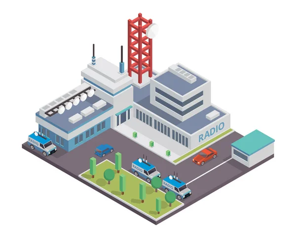 Edifício Moderno Estação Rádio Televisão Isométrica —  Vetores de Stock