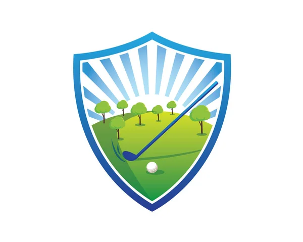Logo Moderno Golf Scudo Campo Golf Cielo Blu — Vettoriale Stock