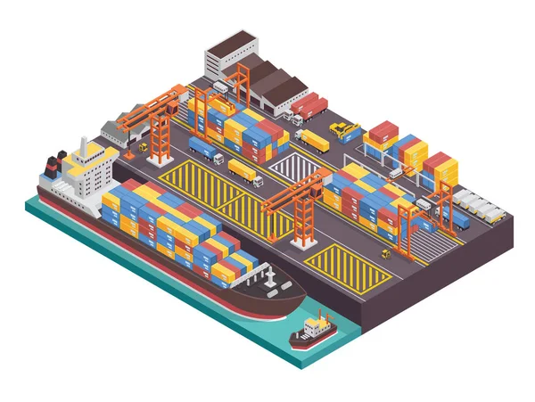 Puerto Industrial Moderno Del Barco Activo Ilustración Isométrica Del Puerto — Archivo Imágenes Vectoriales