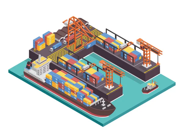 Puerto Industrial Moderno Del Barco Activo Ilustración Isométrica Del Puerto — Vector de stock