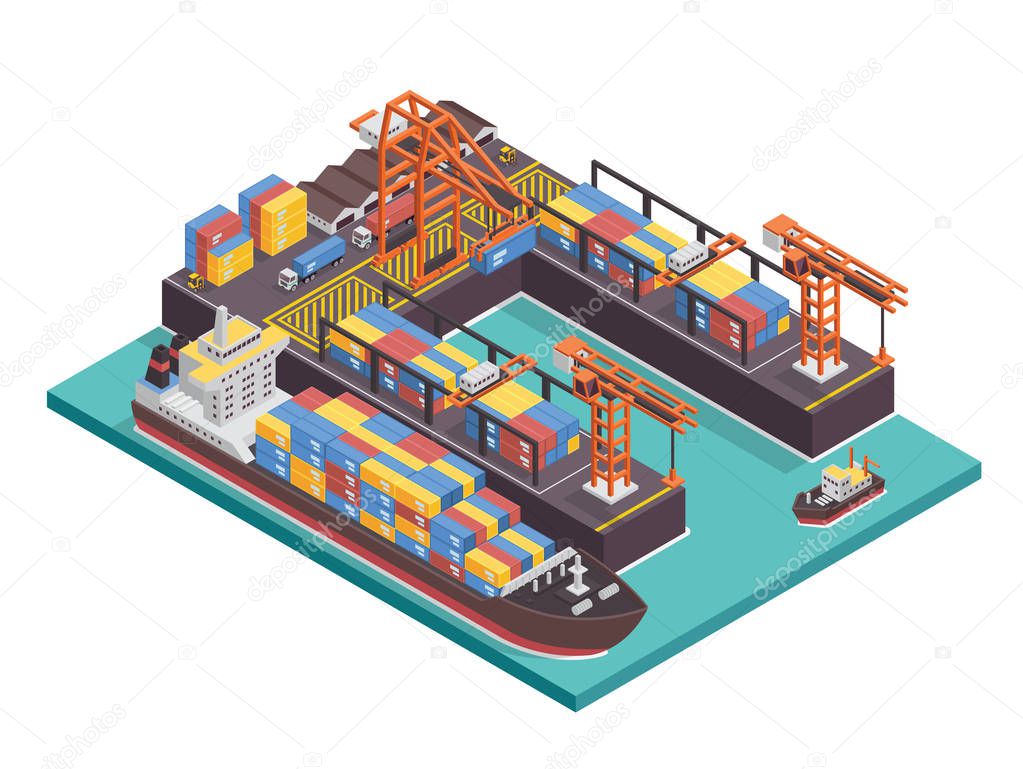 Modern Industrial Ship Port And Cargo Harbor Isometric Illustration Asset