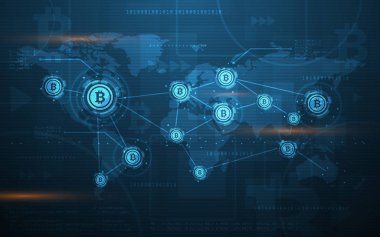 Küresel ağ teknolojisi afiş illüstrasyon dünya harita arka plan ile madencilik Modern Ultra Hd Kripto Döviz Alım Bitcoin