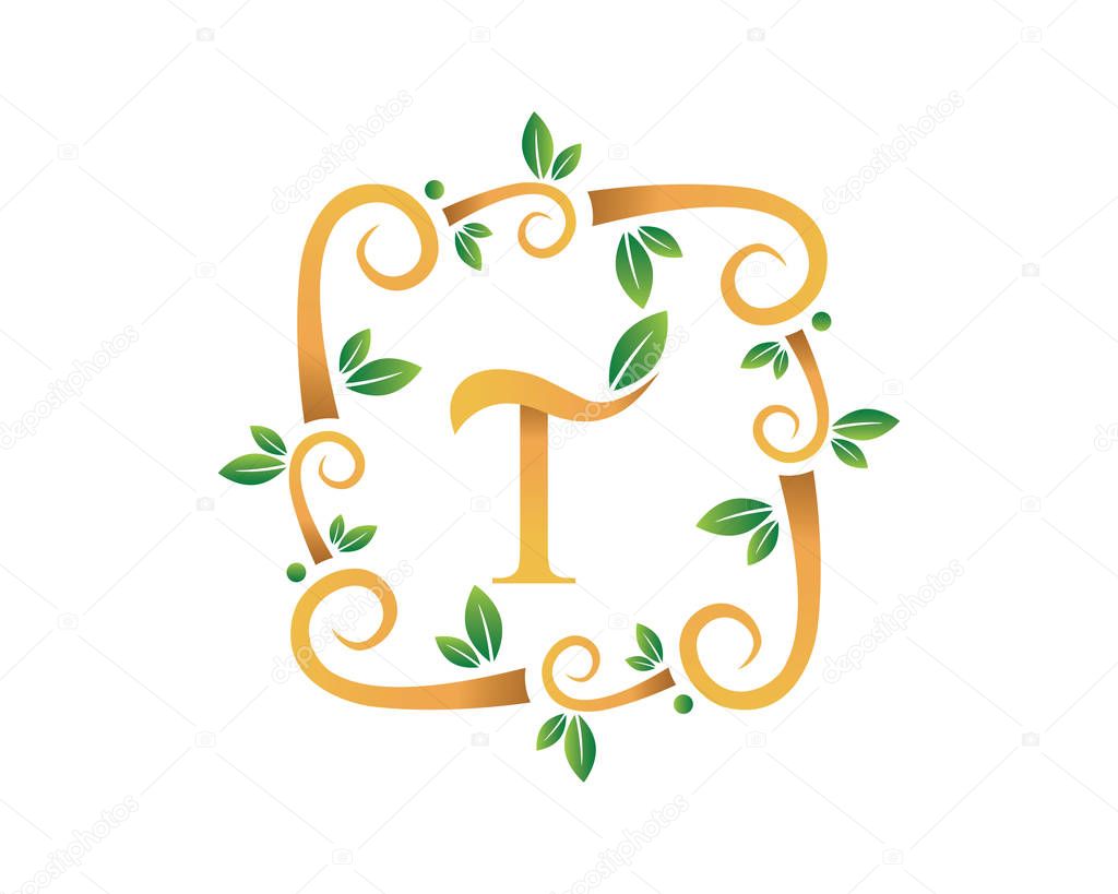 Elegant Floral T Letter With Gold Branch Logo