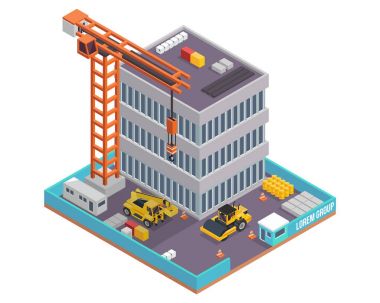 Modern izometrik inşaat Site illüstrasyon, Infographic, Oyunlar, çocuk kitapları için uygun ve diğer grafik ilgili varlıkları.