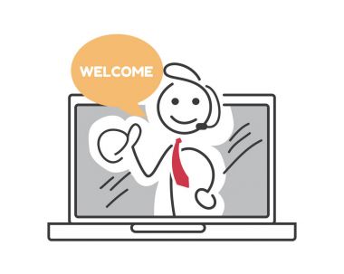 Yaratıcı E-Ticaret İş İpuçları çöp adam illüstrasyon kavramı - 24 saat dost müşteri hizmetleri destek sağlayın