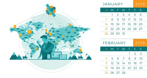 Modèle Moderne Illustration Calendrier Technologie Bureau 2018 Janvier Février — Image vectorielle