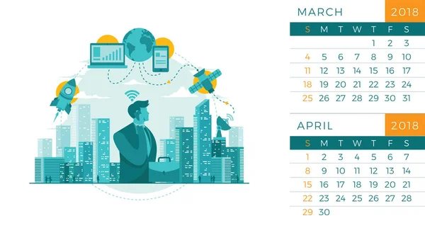 Plantilla Ilustración Calendario Tecnología Escritorio Moderna 2018 Marzo Abril — Archivo Imágenes Vectoriales