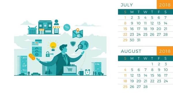 Plantilla Ilustración Calendario Tecnología Escritorio Moderna 2018 Julio Agosto — Archivo Imágenes Vectoriales