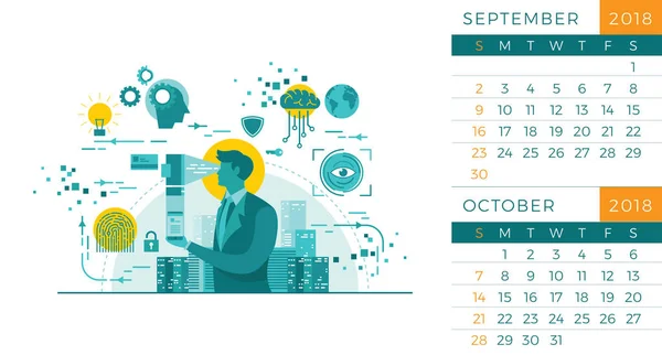 Modèle Moderne Illustration Calendrier Technologie Bureau 2018 Septembre Octobre — Image vectorielle