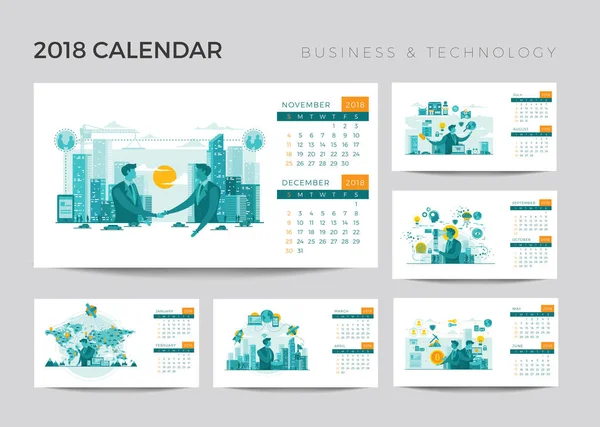Σύγχρονη Τεχνολογία 2018 Ετήσιο Ημερολόγιο Γραφείο Επιχειρήσεων Ορίσετε Εικονογράφηση Πρότυπο — Διανυσματικό Αρχείο