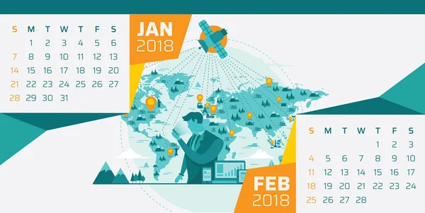 Σύγχρονη 2018 Γραφείο Τεχνολογία Εικονογράφηση Πρότυπο Ημερολογίου Ιανουάριος Και Φεβρουάριος — Διανυσματικό Αρχείο