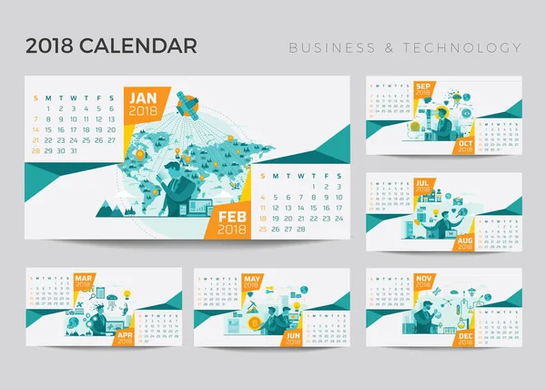 Moderne 2018 Technologie Business Annuelle Calendrier Set Illustration Template — Image vectorielle