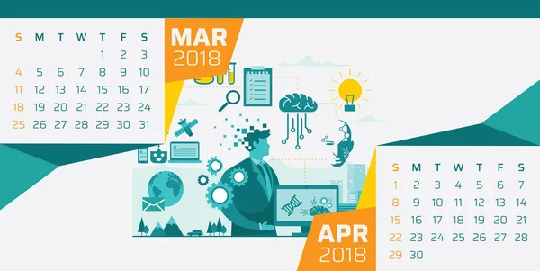 Nowoczesny 2018 Biurko Technologii Kalendarz Ilustracja Szablon Marzec Kwiecień — Wektor stockowy