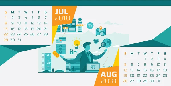 Modelo Ilustração Calendário Tecnologia Mesa 2018 Moderno Julho Agosto — Vetor de Stock