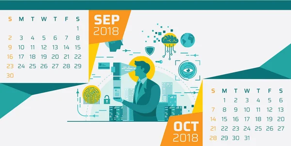 Σύγχρονη 2018 Γραφείο Τεχνολογία Εικονογράφηση Πρότυπο Ημερολογίου Σεπτέμβριο Και Οκτώβριο — Διανυσματικό Αρχείο