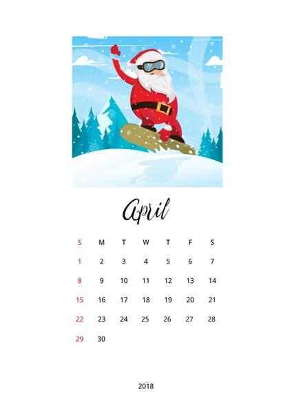 Feliz Navidad Celebración 2018 Calendario Plantilla Abril — Archivo Imágenes Vectoriales