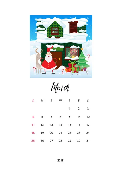 Šablona Kalendáře Veselé Vánoce Oslava 2018 Březen — Stockový vektor