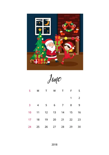 Joyeux Noël Célébration 2018 Modèle Calendrier Juin — Image vectorielle