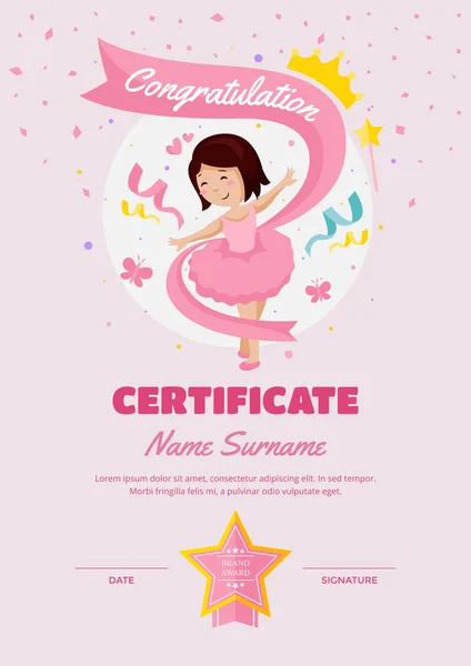 Modèle Certificat Réussite Appréciation Classe Ballet Pour Enfants Mignons — Image vectorielle