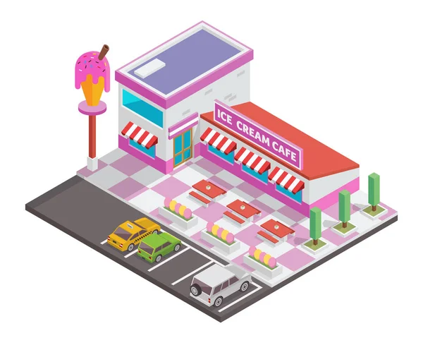 Modern Establish Isometric Commercial Restaurant Building Ice Cream Cafe — Stock Vector