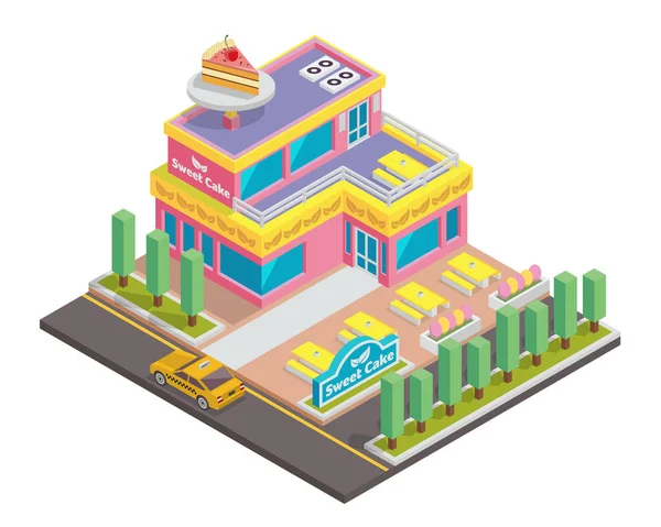 Moderno Establezca Edificio Restaurante Comercial Isométrico Pastelería — Vector de stock