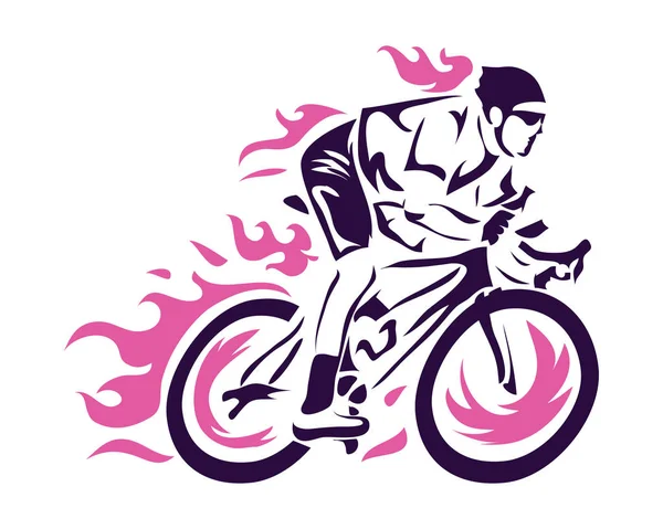 Modern Cycling Action Silhouette Logo Purple Flame Cyclist — Stock Vector