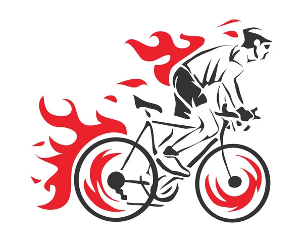 Modern Cycling Action Silhouette Logo Aggressive Fire Cyclist — Stock Vector