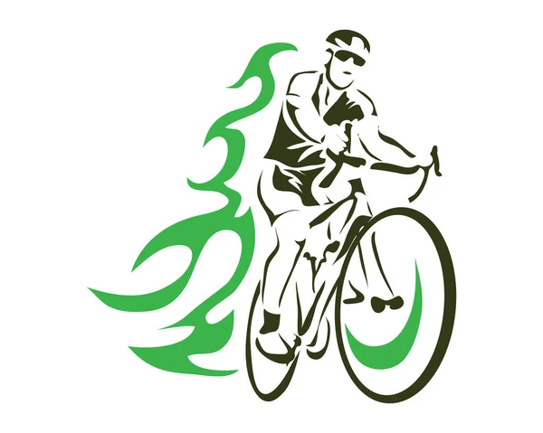 Modern Cycling Action Silhouette Logo Green Flame Cyclist — Stock Vector