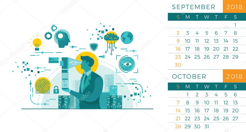 Modern 2018 Desk Technology Calendar Illustration Template - September And October