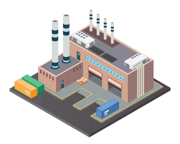 Modern Izometrik Endüstriyel Fabrika Depo Lojistik Binası Diyagramları Infographics Illüstrasyon — Stok Vektör