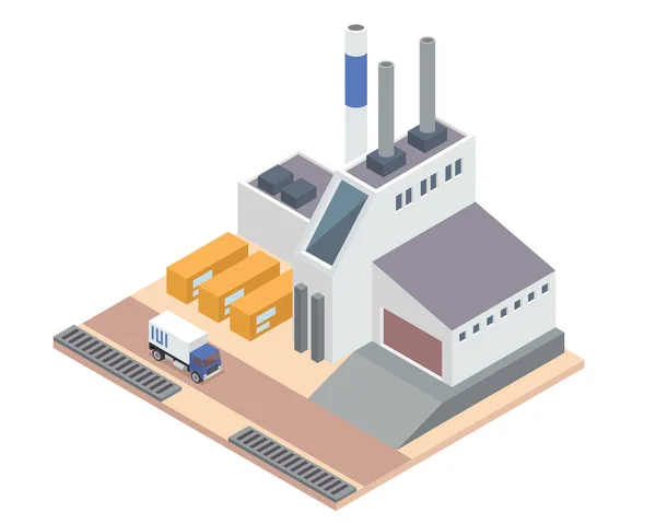 Modern Izometrik Endüstriyel Fabrika Depo Lojistik Binası Diyagramları Infographics Illüstrasyon — Stok Vektör