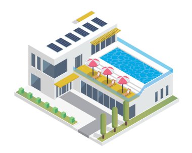 Modern Lüks Isometric Yeşil Eko Dost Evi, Güneş Paneli, Diyagramlar, Infografikler, Resimler ve Diğer Grafiklerle İlgili Varlıklar İçin Uygun