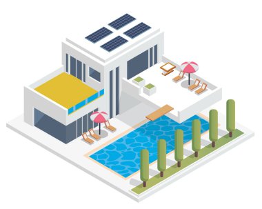 Modern Lüks Isometric Yeşil Eko Dost Evi, Güneş Paneli, Diyagramlar, Infografikler, Resimler ve Diğer Grafiklerle İlgili Varlıklar İçin Uygun