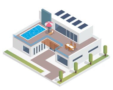 Modern Lüks Isometric Yeşil Eko Dost Evi, Güneş Paneli, Diyagramlar, Infografikler, Resimler ve Diğer Grafiklerle İlgili Varlıklar İçin Uygun