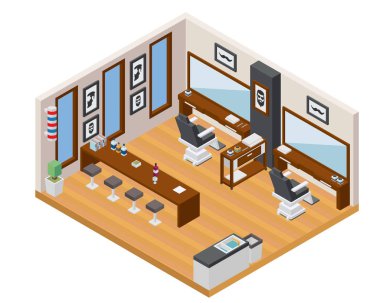 Modern izometrik beyefendi berber iş iç tasarım