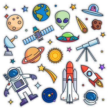 Vintage 80s 90s uzay Tema moda çizgi film illüstrasyon rozetleri, iğne, etiket, yamalar, kumaş, Denim, nakış için uygun ayarla ve diğer ilgili amaç moda