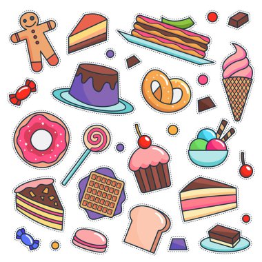 Vintage 80s 90s lezzetli tatlı Tema moda çizgi film illüstrasyon rozetleri, iğne, etiket, yamalar, kumaş, Denim, nakış için uygun ayarla ve diğer ilgili amaç moda