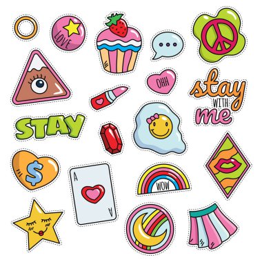 Modern şirin 80s 90s Retro kız gücü rozetleri, iğne, etiket, yamalar, kumaş, Denim, nakış ve kız gibi diğer ilgili amaç için uygun ayarla moda çizgi film illüstrasyon izole