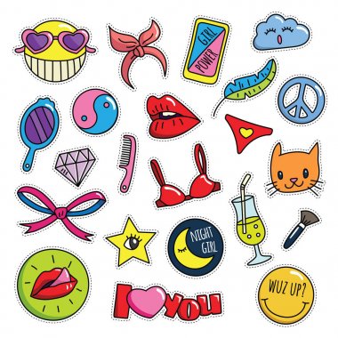 Modern şirin 80s 90s Retro kız gücü rozetleri, iğne, etiket, yamalar, kumaş, Denim, nakış ve kız gibi diğer ilgili amaç için uygun ayarla moda çizgi film illüstrasyon izole