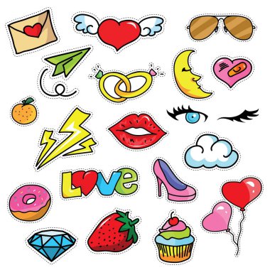 Modern şirin 80s 90s Retro kız gücü rozetleri, iğne, etiket, yamalar, kumaş, Denim, nakış ve kız gibi diğer ilgili amaç için uygun ayarla moda çizgi film illüstrasyon izole