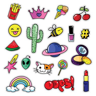 Modern şirin 80s 90s Retro kız gücü rozetleri, iğne, etiket, yamalar, kumaş, Denim, nakış ve kız gibi diğer ilgili amaç için uygun ayarla moda çizgi film illüstrasyon izole