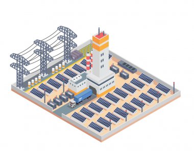 Modern izometrik Sanayi Elektrik güneş Santrali tesis Binası, diyagramları, Infographics, illüstrasyon ve diğer grafik için uygun varlıkları ile ilgili