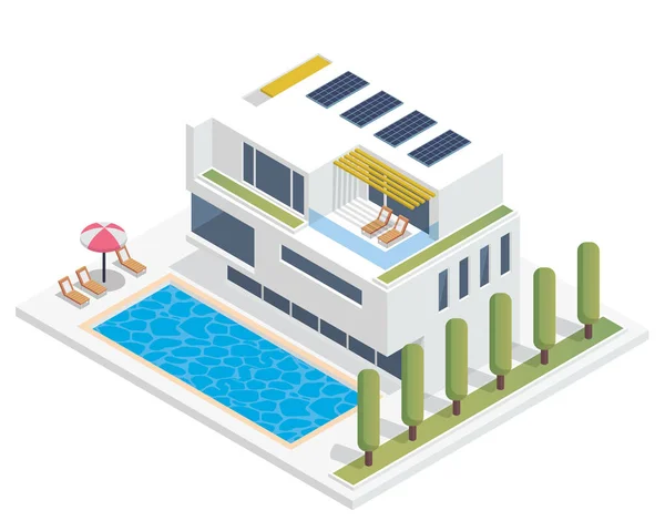 Modern Luxury Isometric Green Eco Friendly House Solar Panel Suitable — Stock Vector