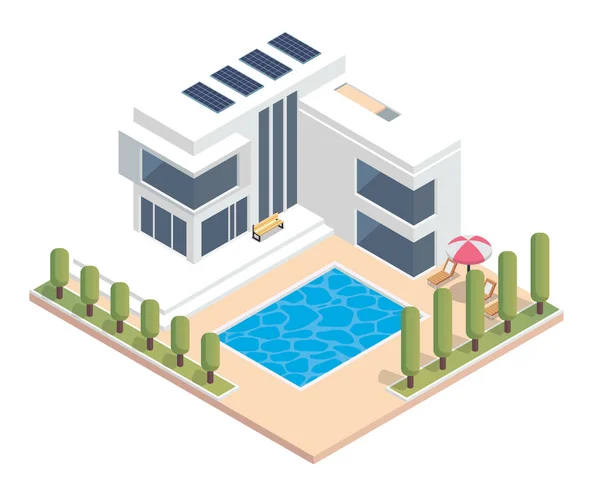 Moderna Casa Ecologica Isometrica Verde Lusso Con Pannello Solare Adatto — Vettoriale Stock